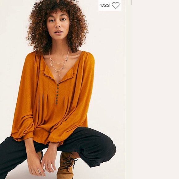 FREE PEOPLE GINGER DEVIN AUTUMN PEARL BISHOP SLEEVE HENLEY KNIT TOP XS NWT - Picture 3 of 14